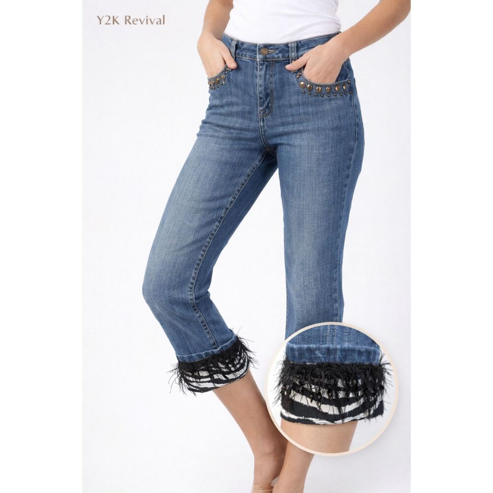 2 For $20 Beverly's Embellished Capri Jeans 10 Zebra Feather Fringe Studded Y2K